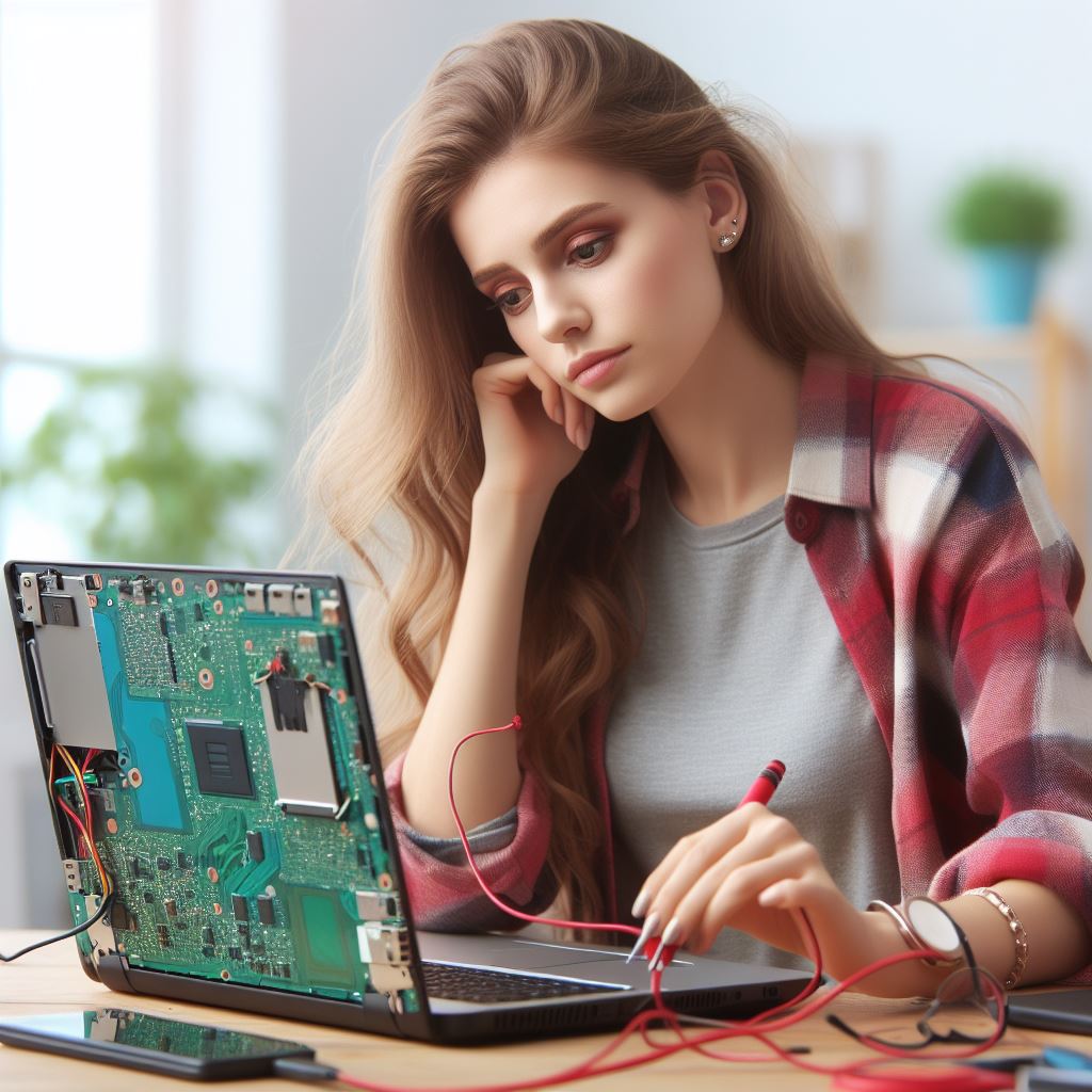 girl student trying to fix laptop battery charging