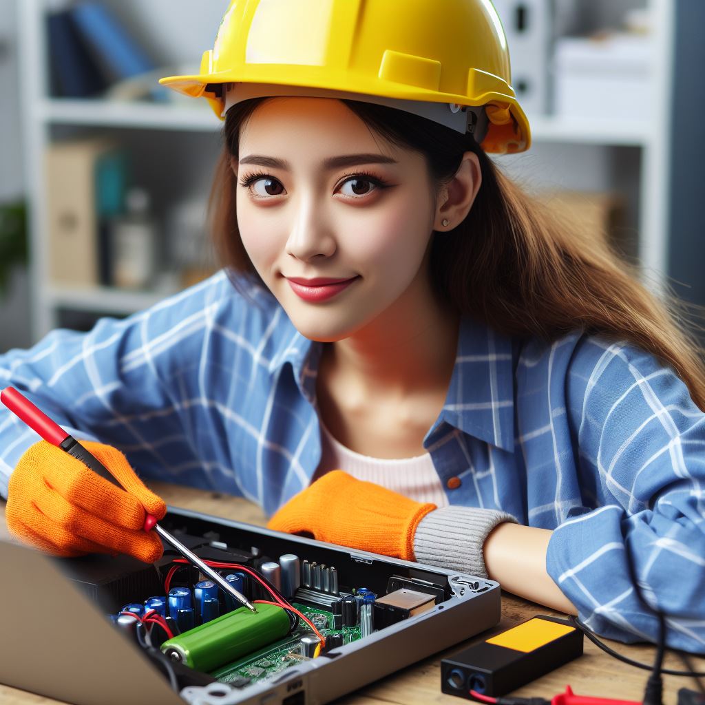 pretty lady fixing laptop battery charging issue