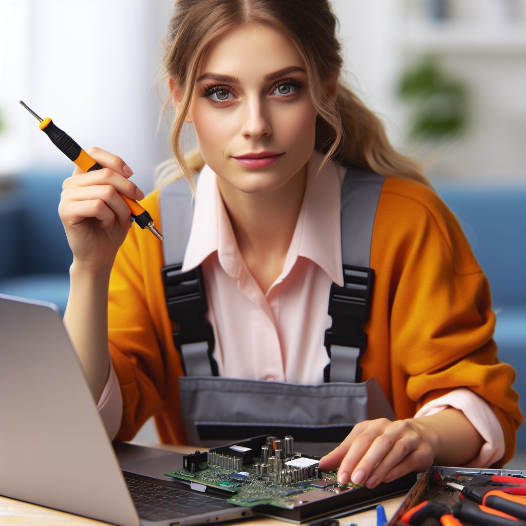 pretty lady fixing laptop battery 