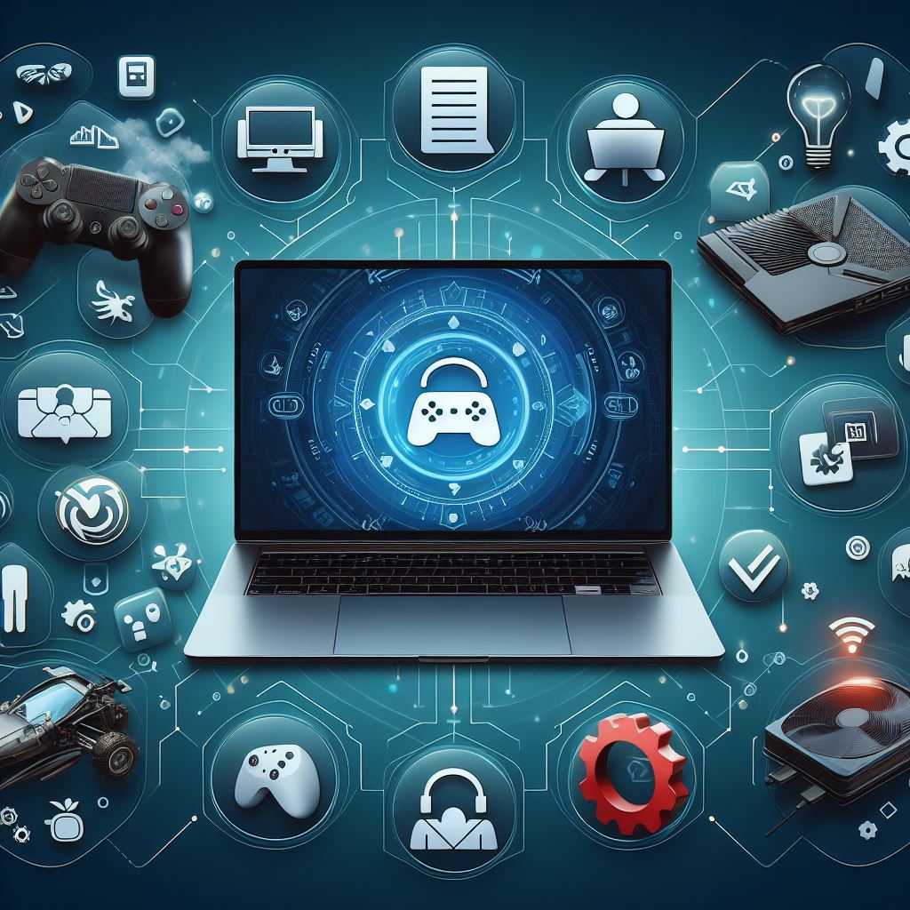 A laptop surrounded by icons representing different use cases (gaming, productivity, multimedia) to emphasize the diverse needs