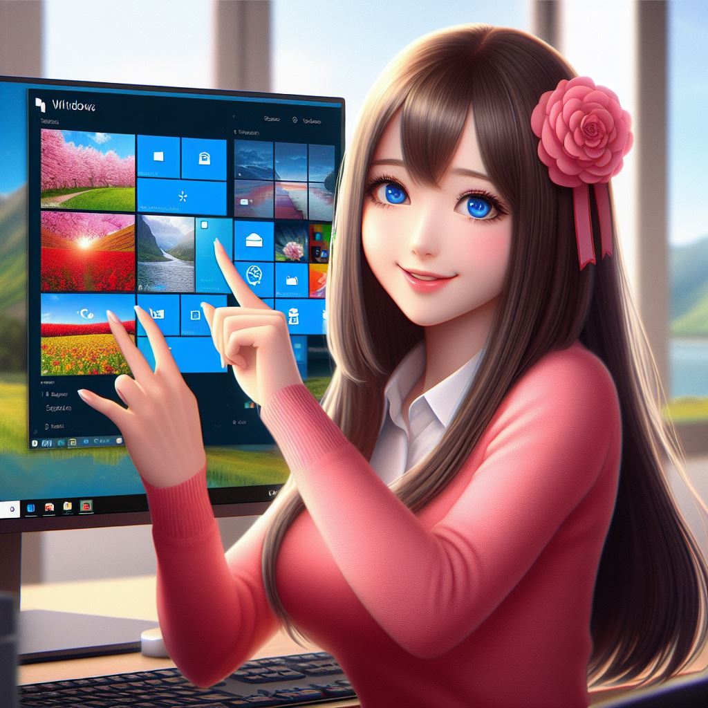 pretty girl showing settings to set laptop wallpaper