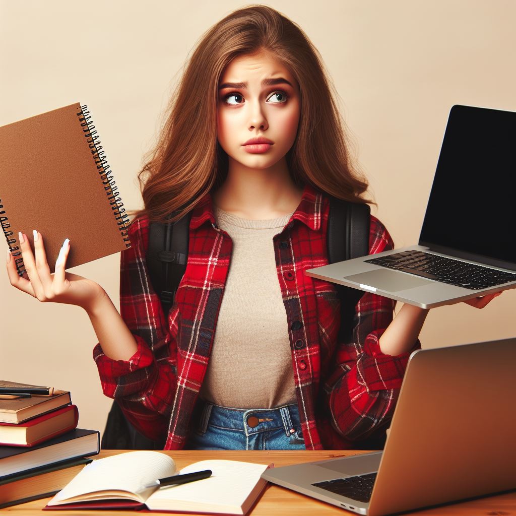 pretty girl student is confused to choose laptop for college